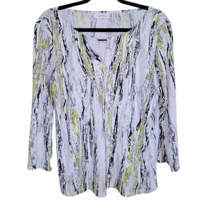 Calvin Klein 3/4 Sleeve White Gray Yellow Print Top Women's Size Large Casual